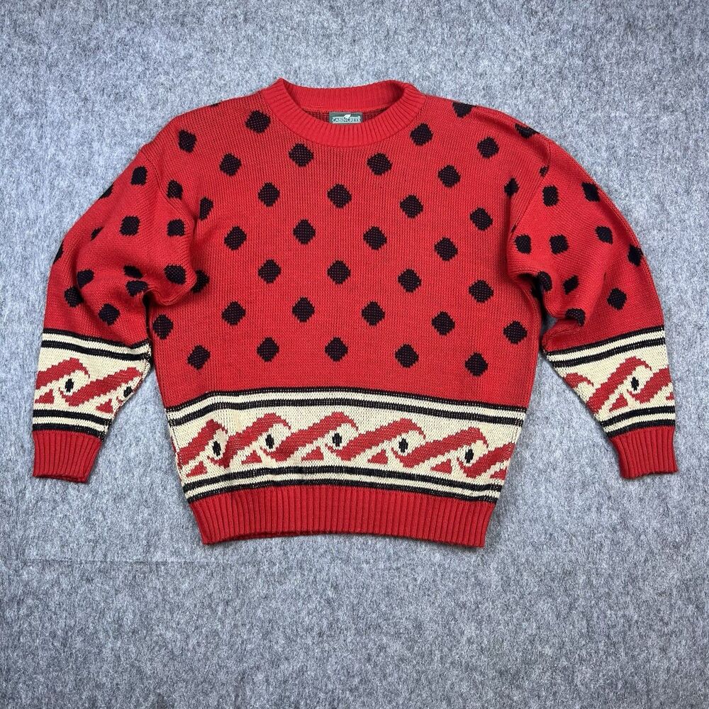 Vintage Cabin Creek Women's Knit Sweater Crewneck Red Black Made In USA Size M